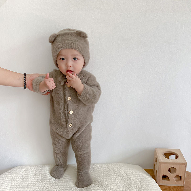 Combinaison chaude avec chapeau pour bébé, vêtements d'hiver pour bébés garçons et filles, combinaison mignonne et douce